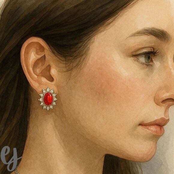 Ruby Red Oval Stud Earrings with Crystal Halo in Silver Tone - Picture 7 of 7